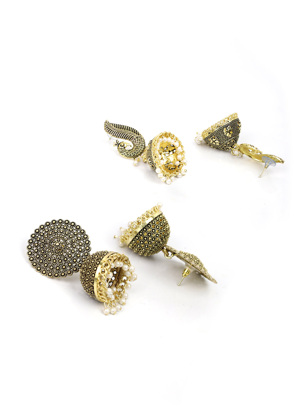 Women's  Combo Set of 2 Beads Gold Plated Peacock Traditional Jhumka Earring