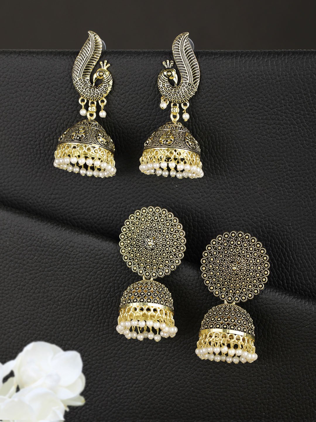 Women's  Combo Set of 2 Beads Gold Plated Peacock Traditional Jhumka Earring
