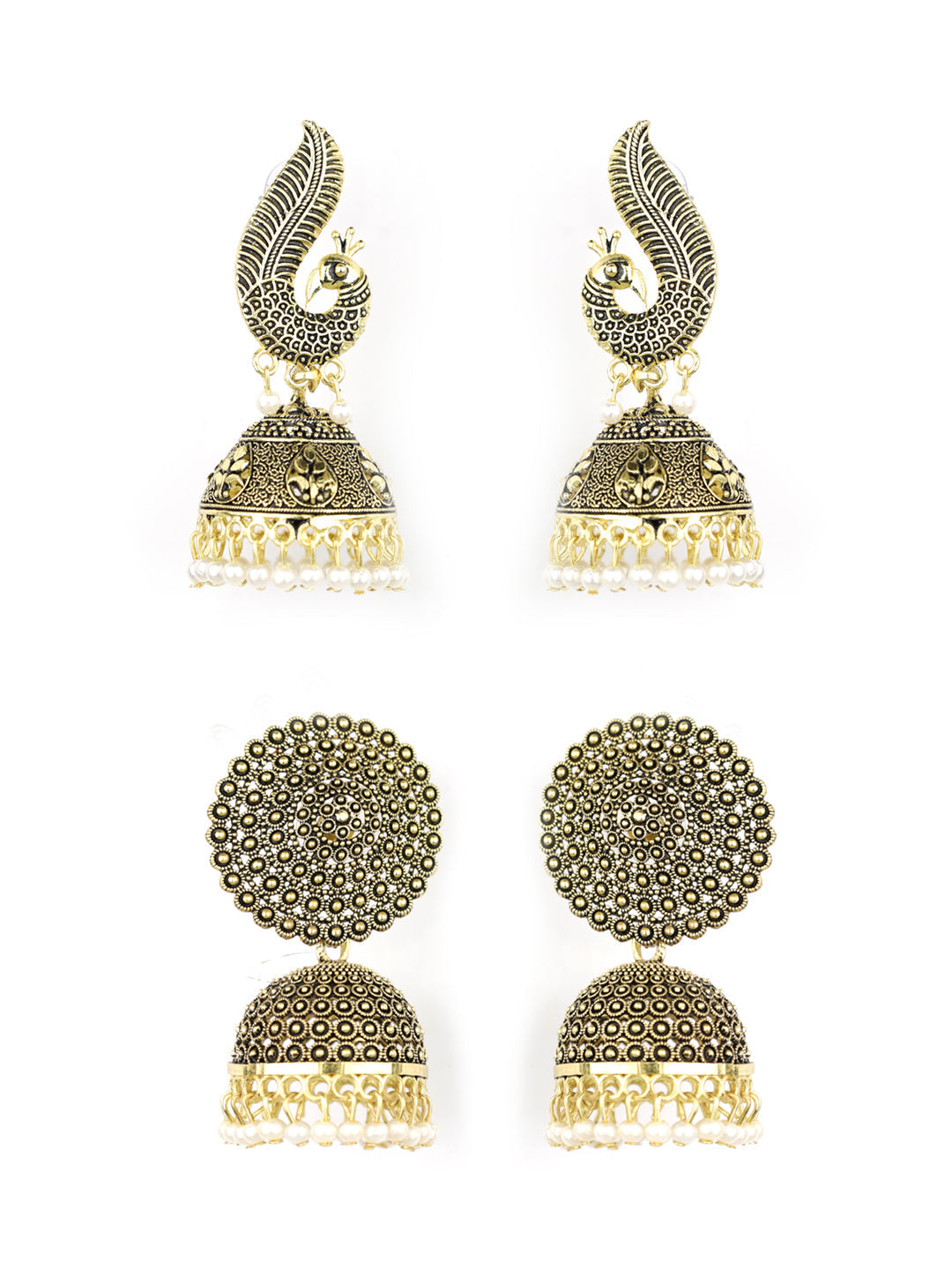 Women's  Combo Set of 2 Beads Gold Plated Peacock Traditional Jhumka Earring