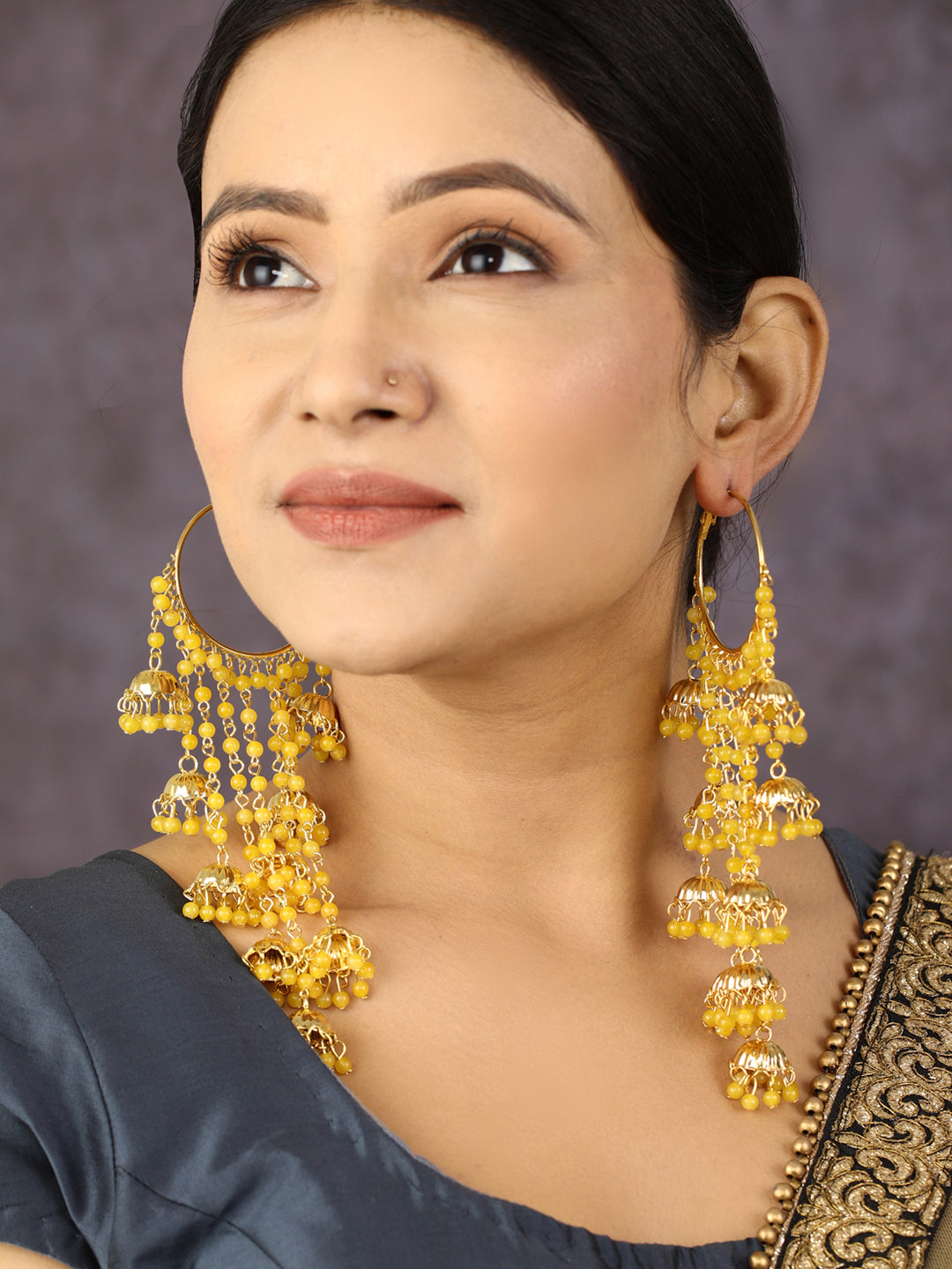 Women's  Yellow Beads Gold Plated Hooped Traditional Drop Earring