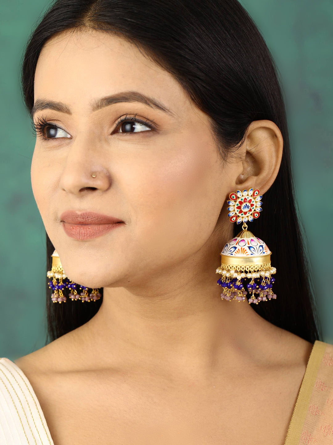 Women's  Multi-Color Beads Gold Plated Traditional Jhumka Earring