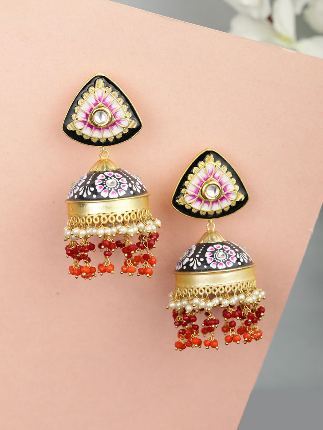 Women's  Multi-Color Stones Beads Gold Plated Traditional Jhumka Earring