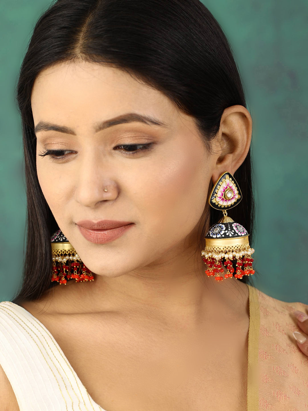 Women's  Multi-Color Stones Beads Gold Plated Traditional Jhumka Earring