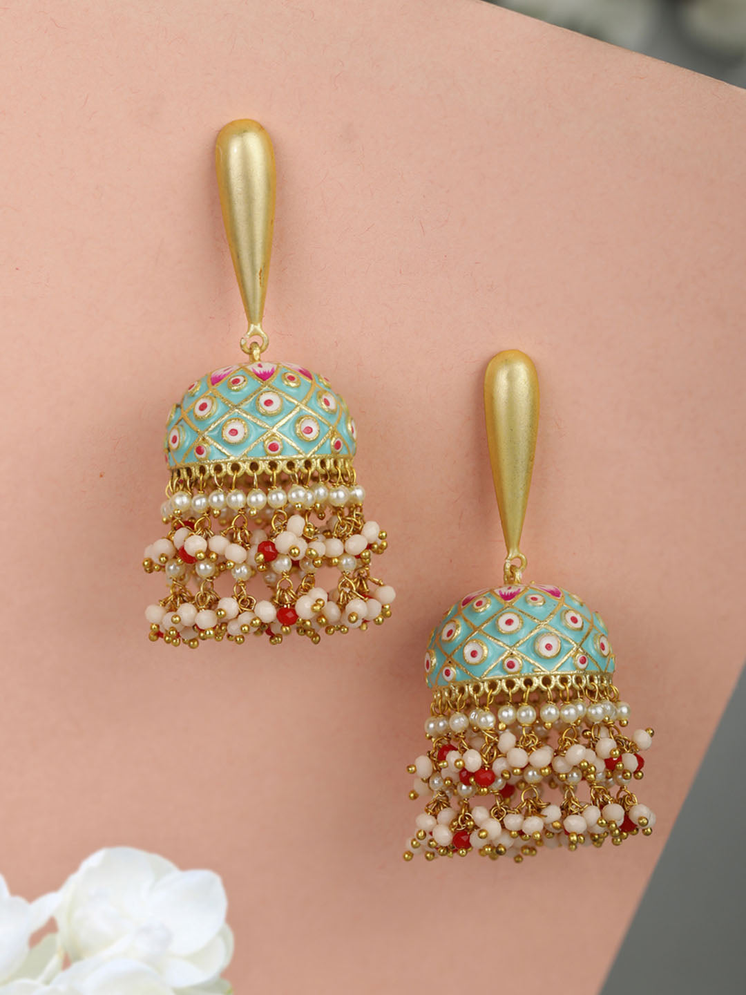 Women's  Blue Beads Gold Plated Traditional Jhumka Earring