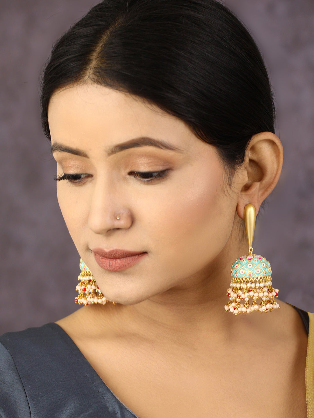 Women's  Blue Beads Gold Plated Traditional Jhumka Earring