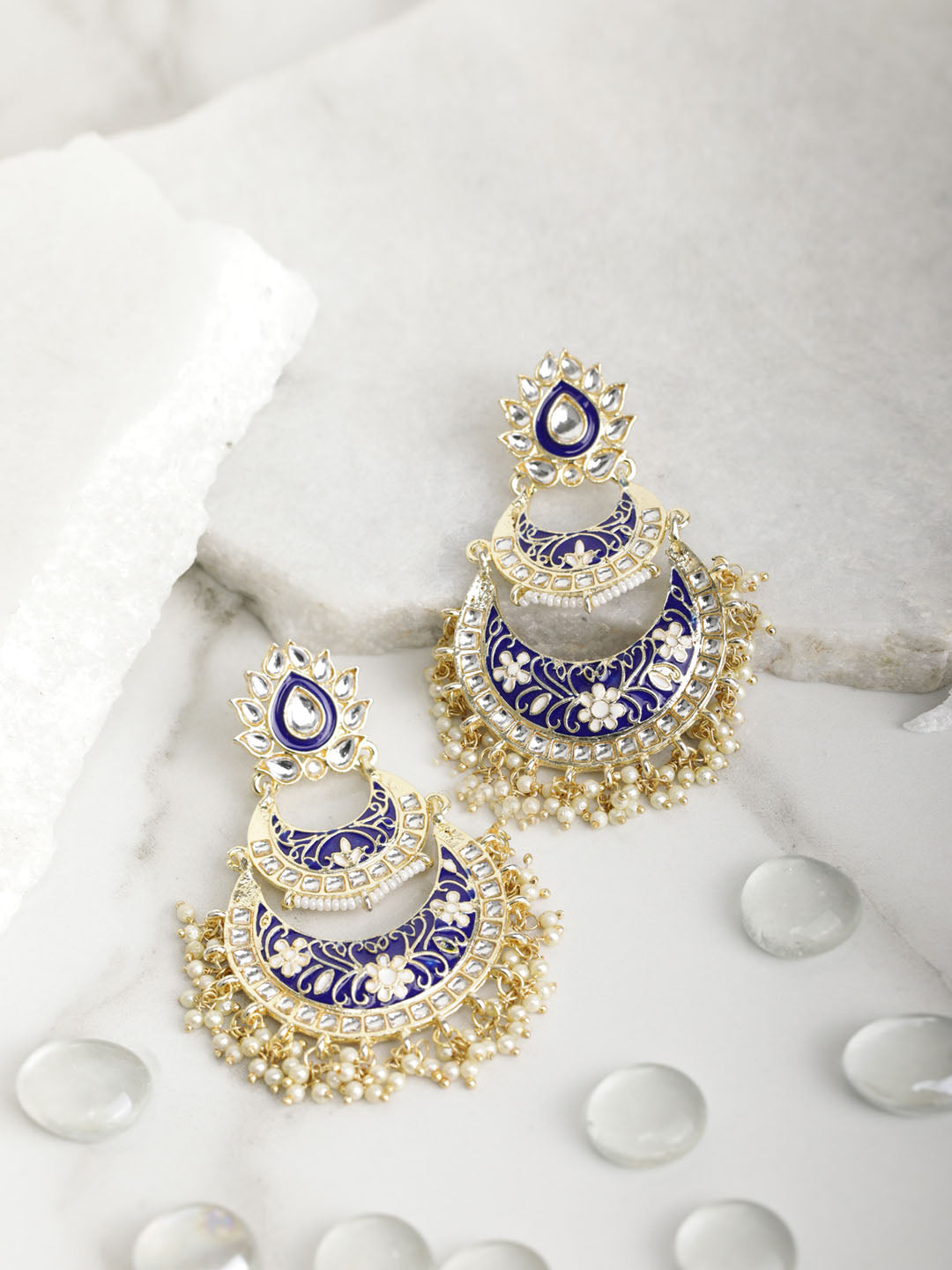 Women's  Blue Kundan Beads Gold Plated Floral Traditional Jhumka Earring