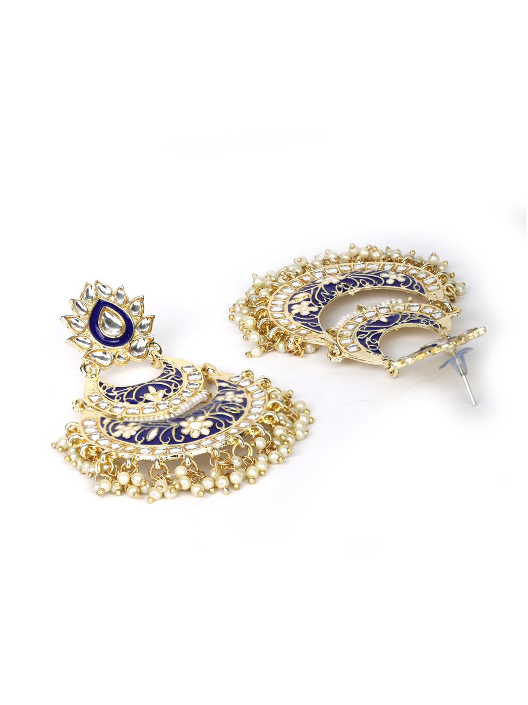 Women's  Blue Kundan Beads Gold Plated Floral Traditional Jhumka Earring