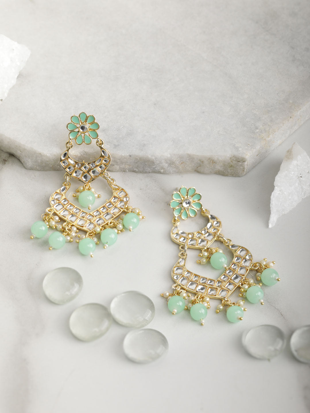 Women's  Turquoise Blue Pearls Kundan Beads Gold Plated Traditional Drop Earring