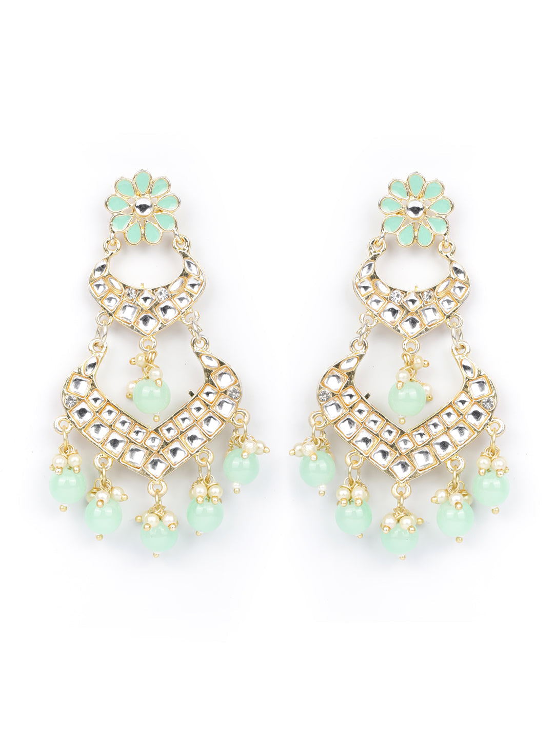 Women's  Turquoise Blue Pearls Kundan Beads Gold Plated Traditional Drop Earring