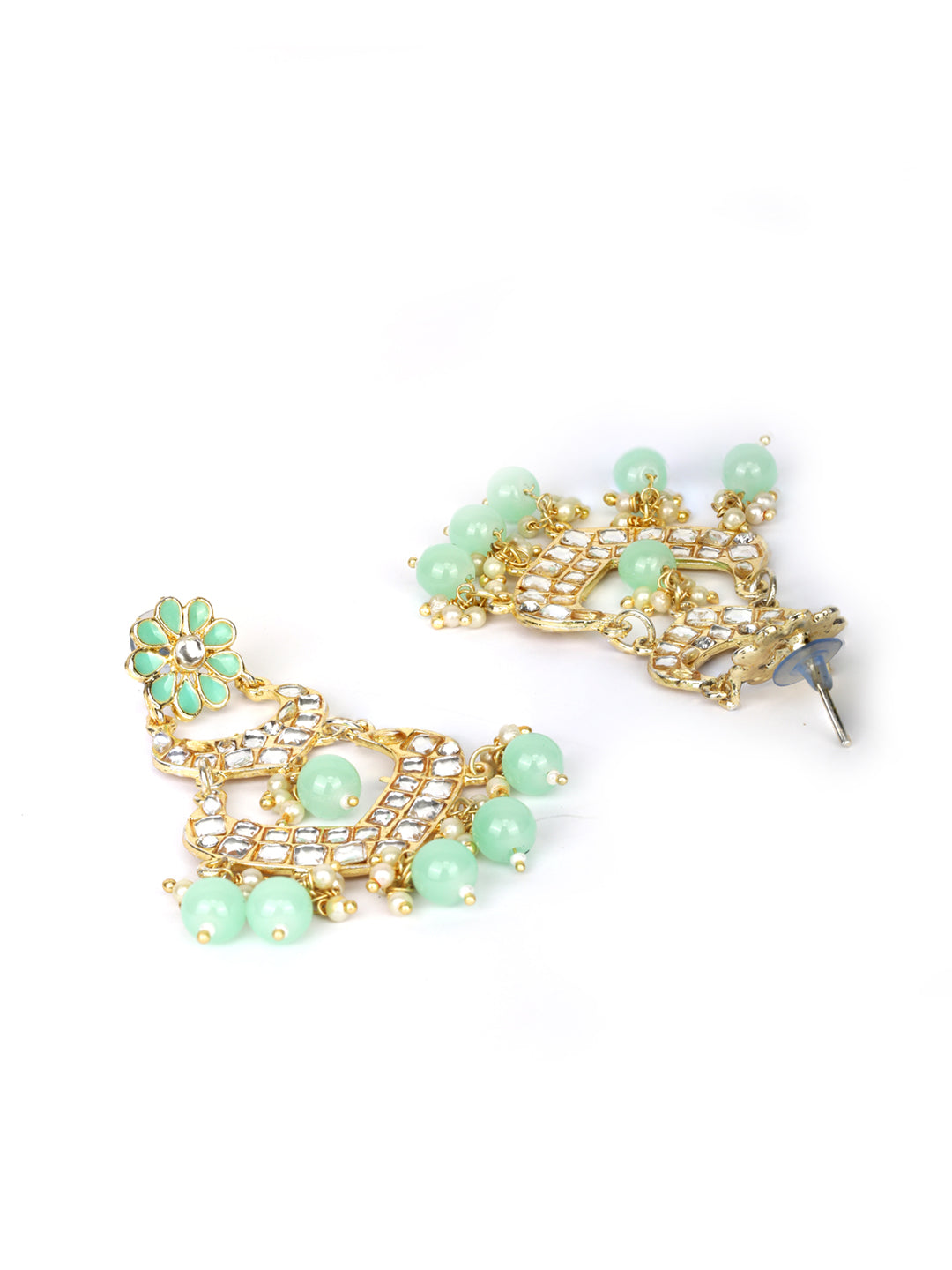 Women's  Turquoise Blue Pearls Kundan Beads Gold Plated Traditional Drop Earring