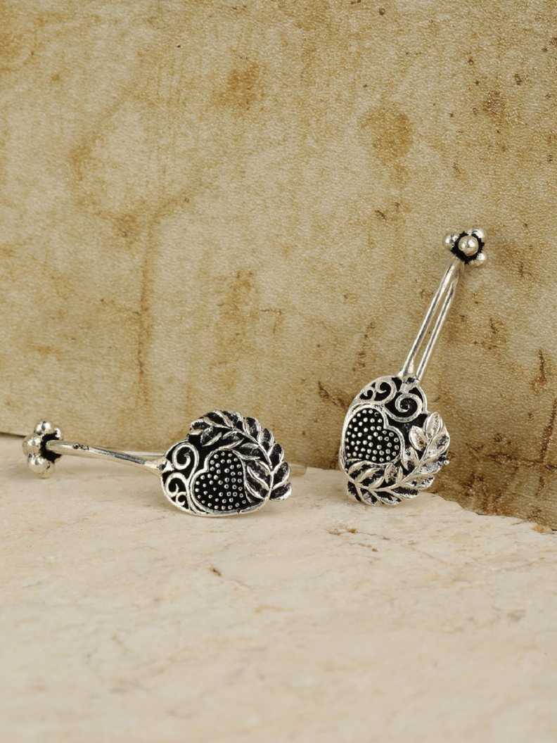 Women's  Antique Oxidised Silver-Toned Heart And Leaves Design Clip-On Ear Cuff