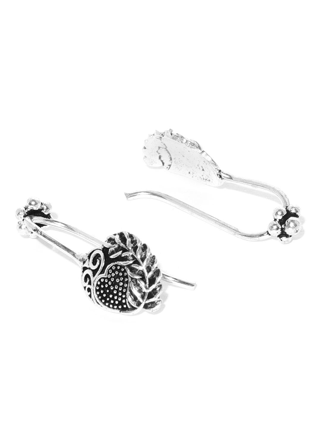 Women's  Antique Oxidised Silver-Toned Heart And Leaves Design Clip-On Ear Cuff