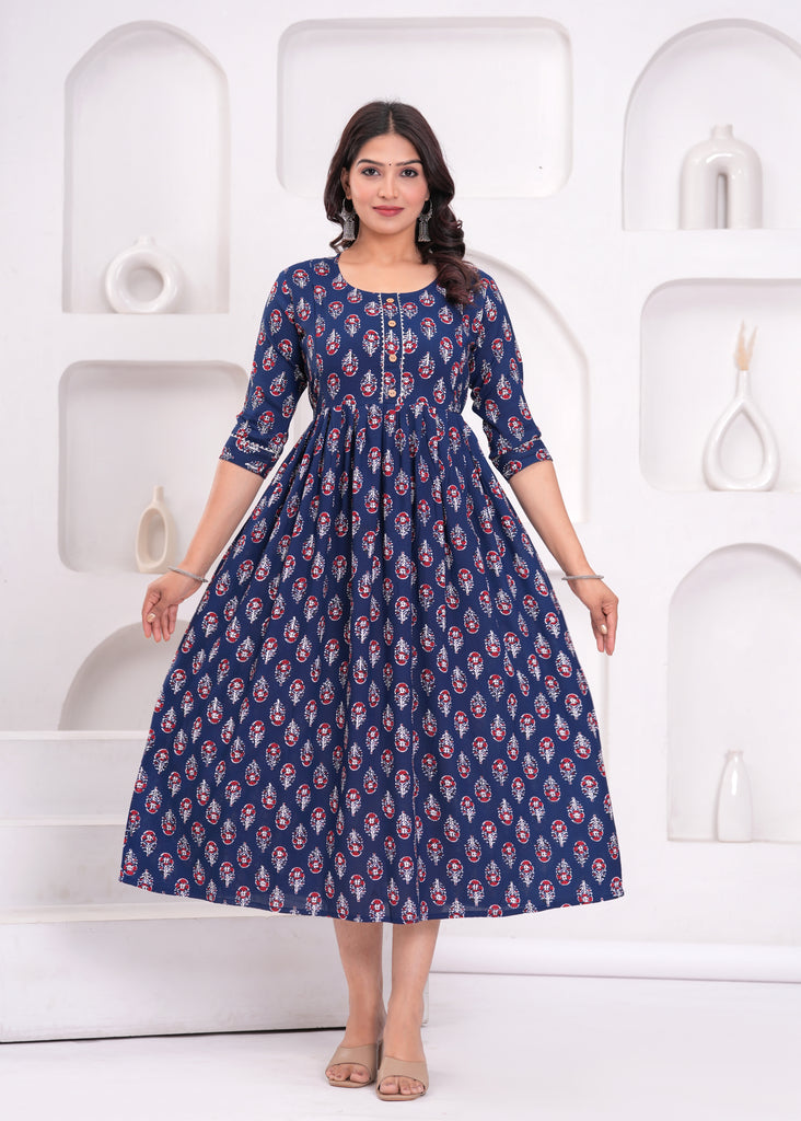 Women's Royal Blue Pure Rayon Printed Maternity Dress