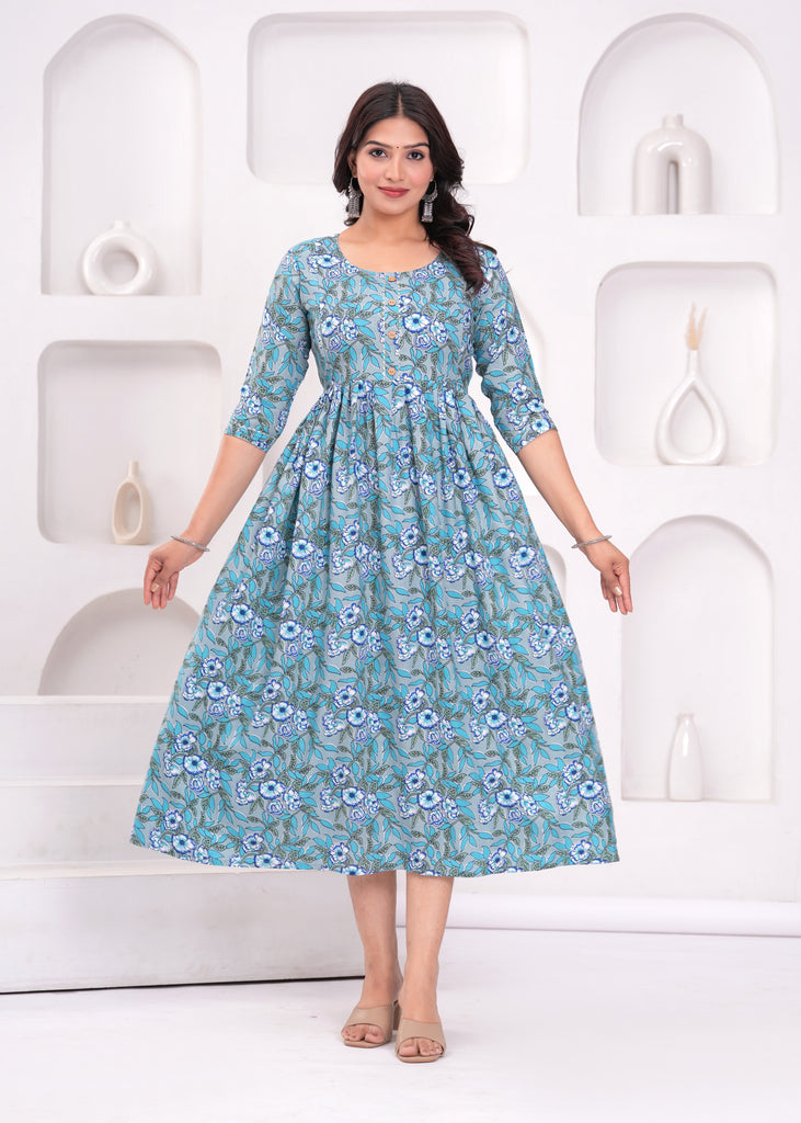 Women's Blue Pure Rayon Printed Maternity Dress