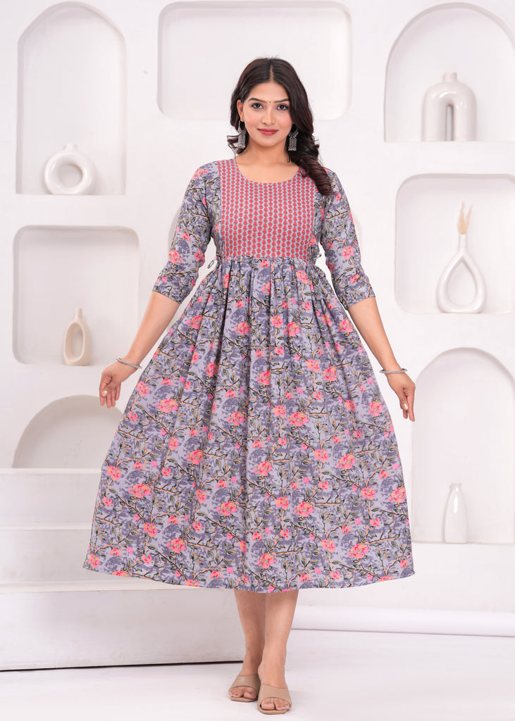 Women's Grey Pure Rayon Printed Maternity Dress