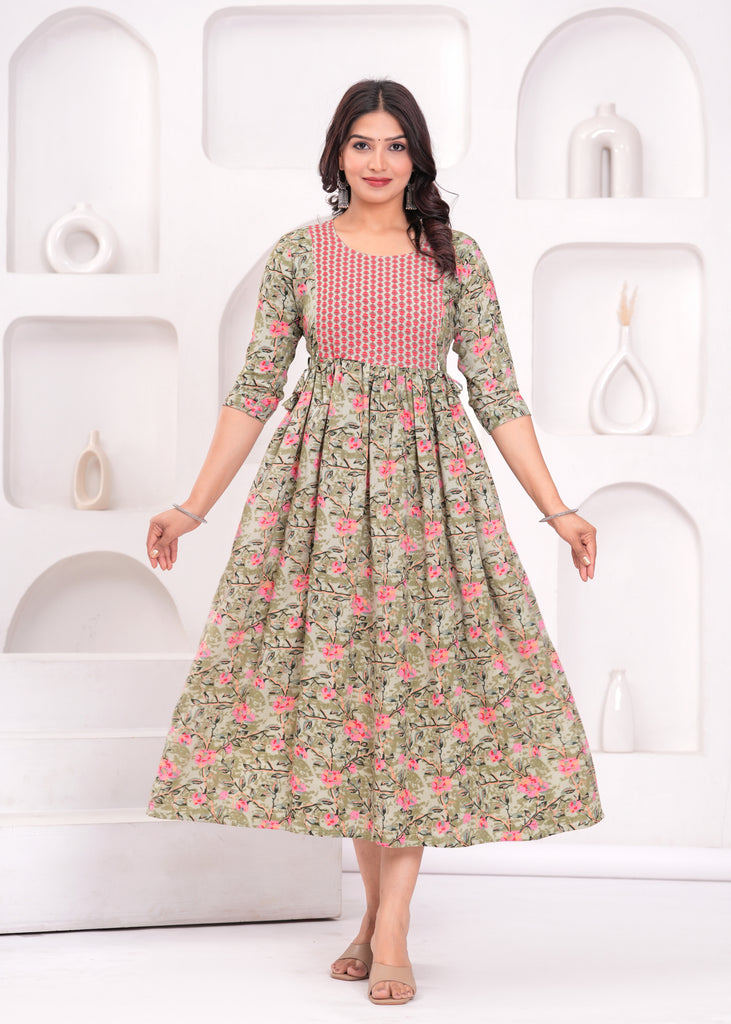 Women's Light Green Pure Rayon Printed Maternity Dress