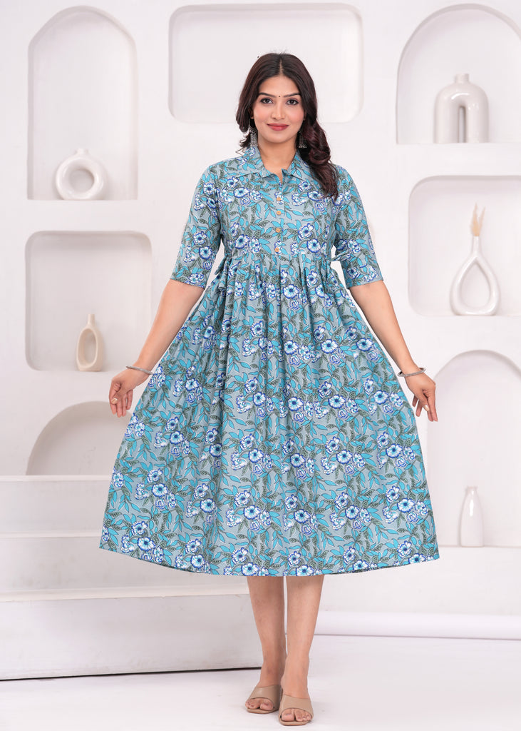Women's Light Blue Rayon Printed Maternity Dress