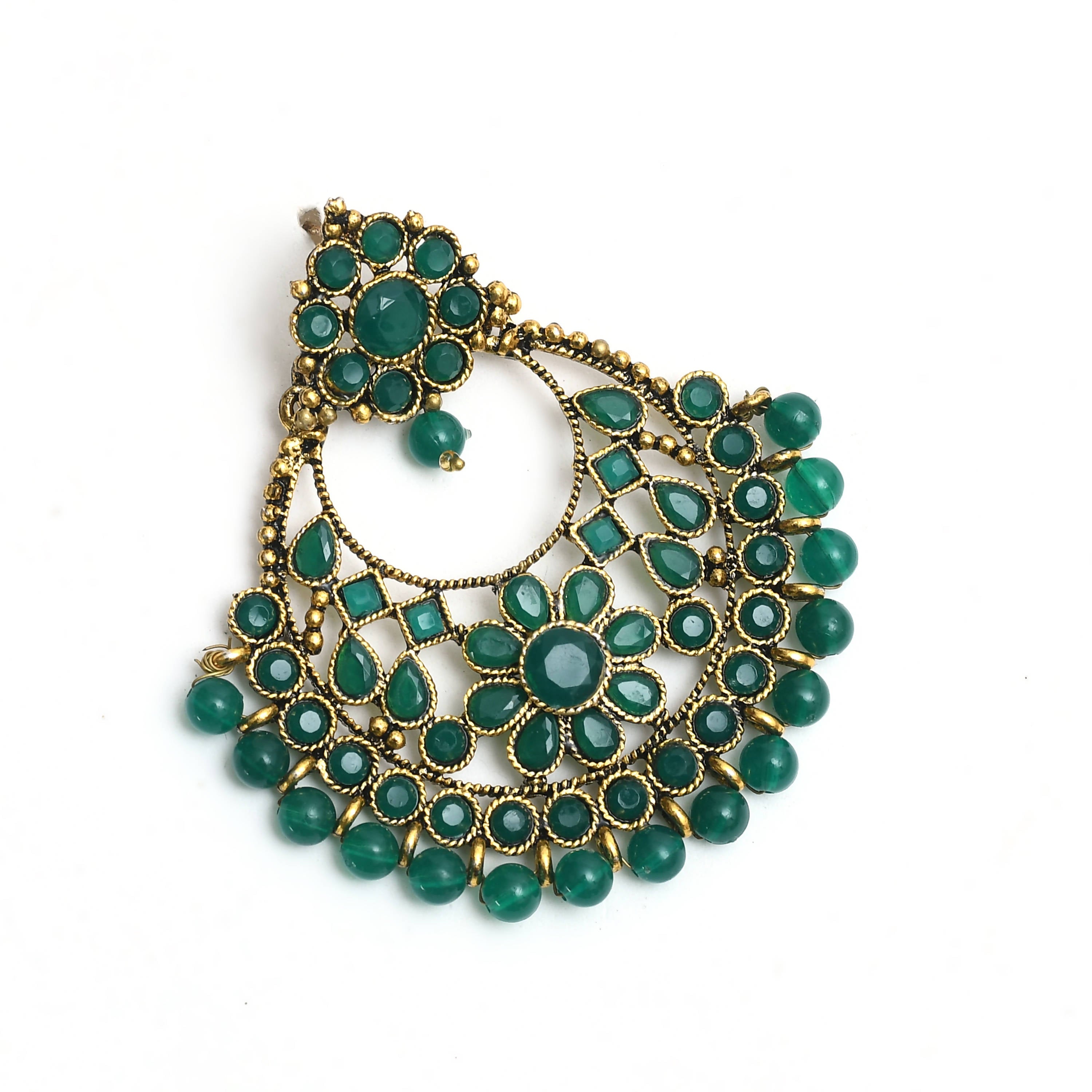 Johar Kamal Gold-Plated Kundan & Pearls Green Color Ear
