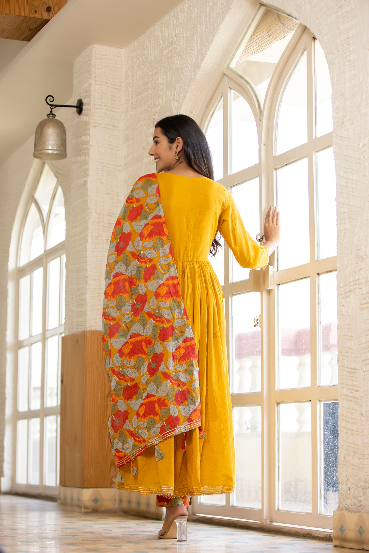 Women's Yellow Floral Print Anarkali Suit Set - Final Clearance Sale