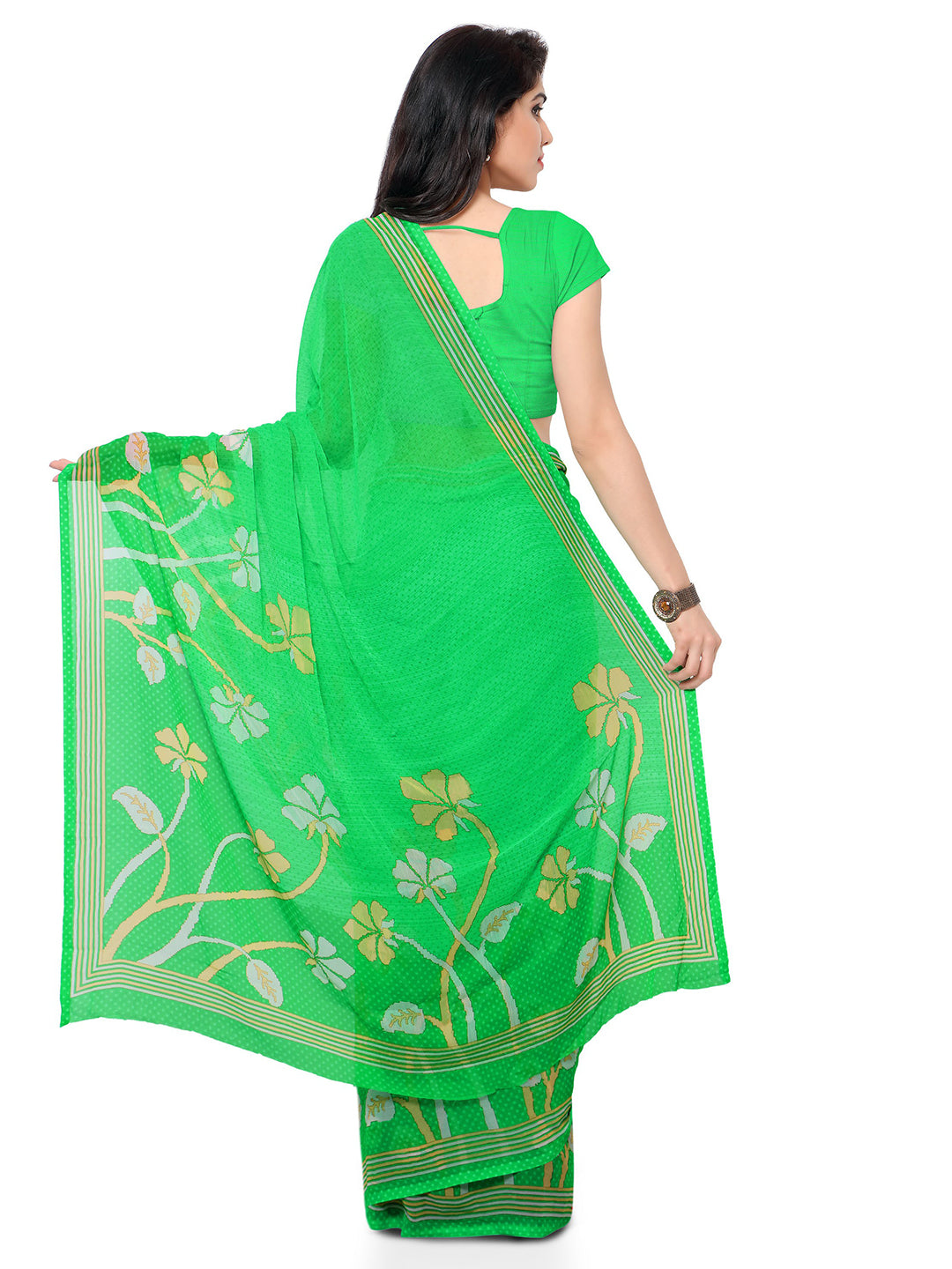 Women's Green Chiffon Printed Saree - Ahika