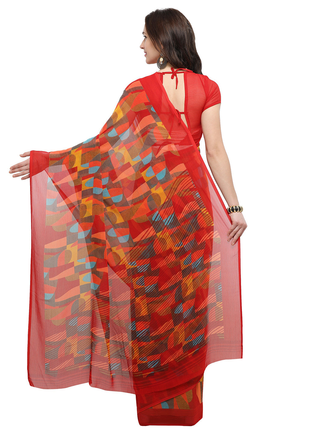 Women's Red Chiffon Geometric Print Saree - Ahika
