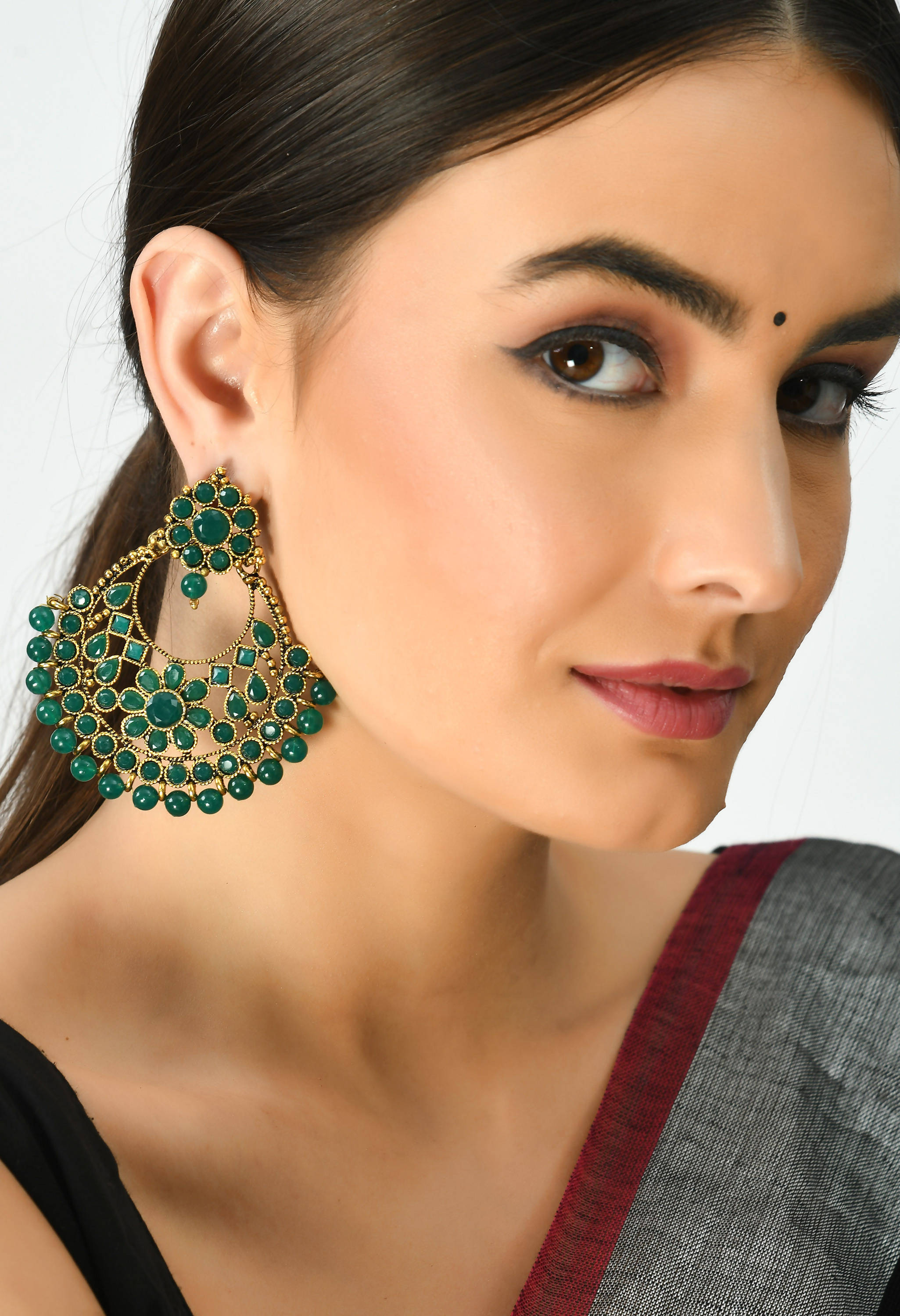 Johar Kamal Gold-Plated Kundan & Pearls Green Color Ear