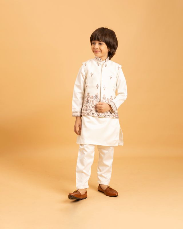 Boy's White Malai Satin Kurta Set