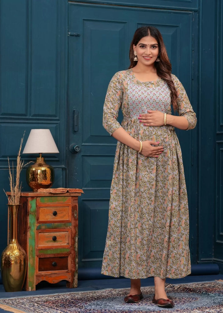 Women's Grey Rayon Printed Maternity Dress