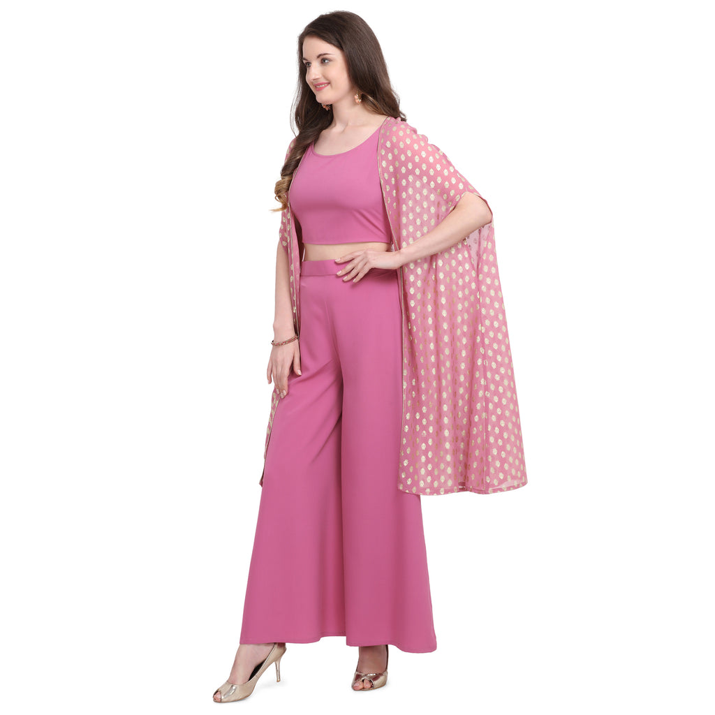 Women's Crepe Rubber Print Pinktop Plazzo With Shrug