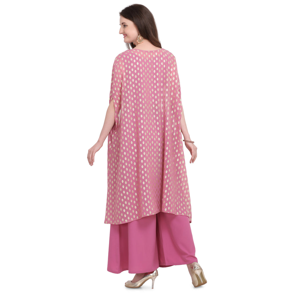 Women's Crepe Rubber Print Pinktop Plazzo With Shrug