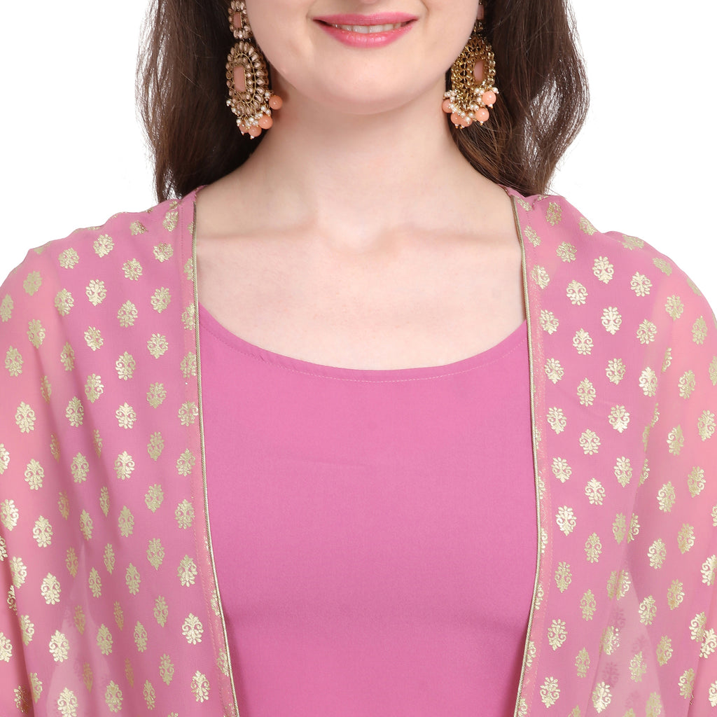 Women's Crepe Rubber Print Pinktop Plazzo With Shrug
