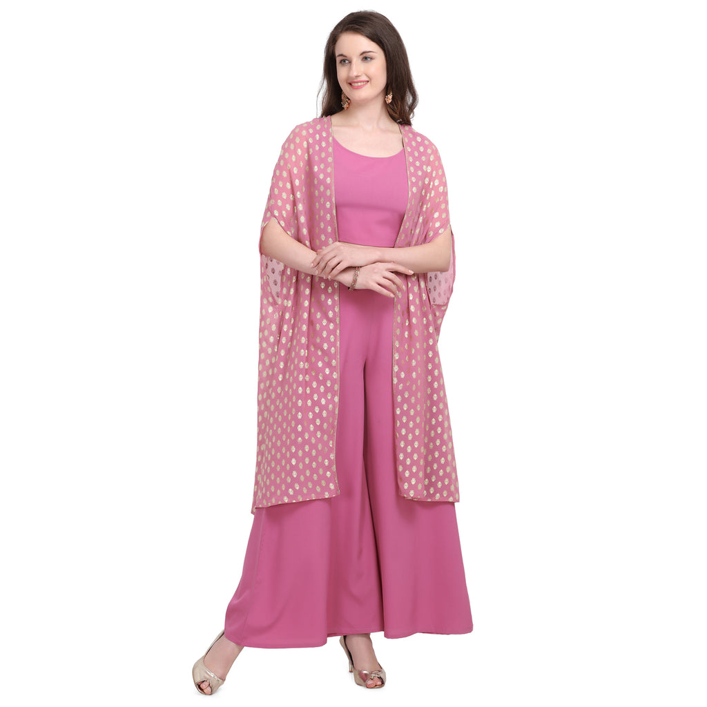 Women's Crepe Rubber Print Pinktop Plazzo With Shrug