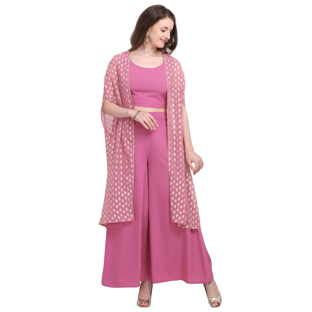 Women's Crepe Rubber Print Pinktop Plazzo With Shrug