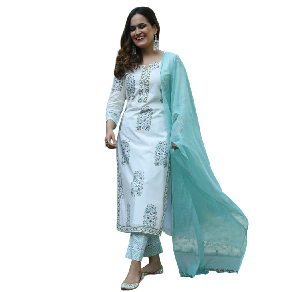 Women's Poly Rayon Printed White & Sea Greenkurta Set/Suit