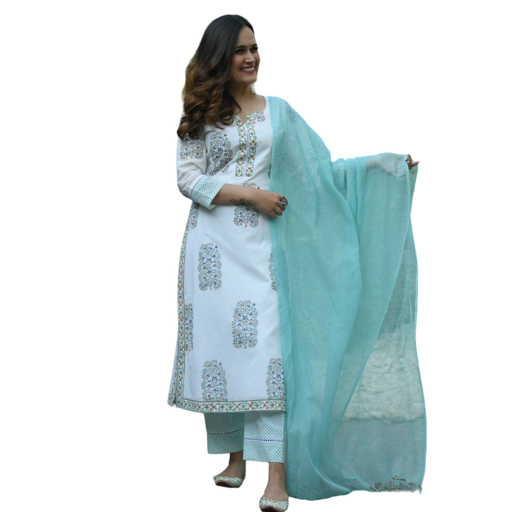 Women's Poly Rayon Printed White & Sea Greenkurta Set/Suit