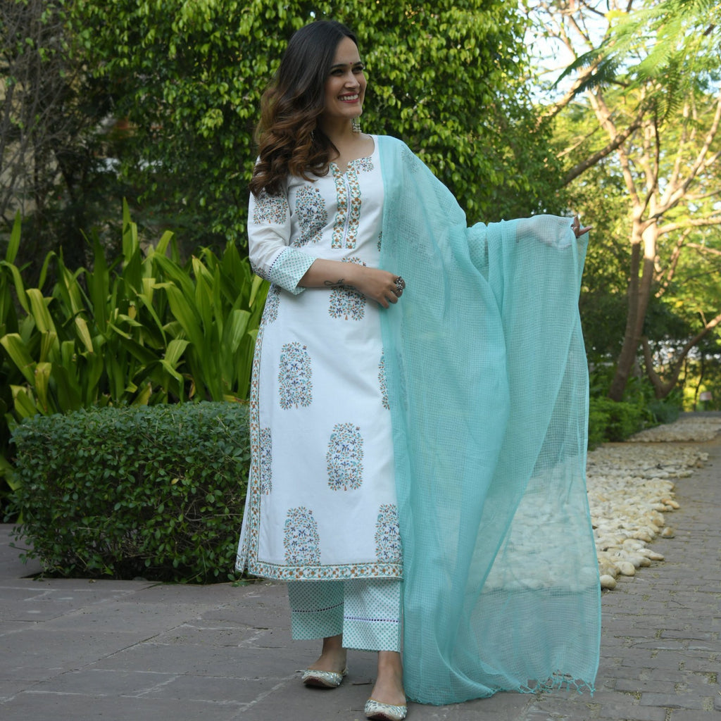 Women's Poly Rayon Printed White & Sea Greenkurta Set/Suit
