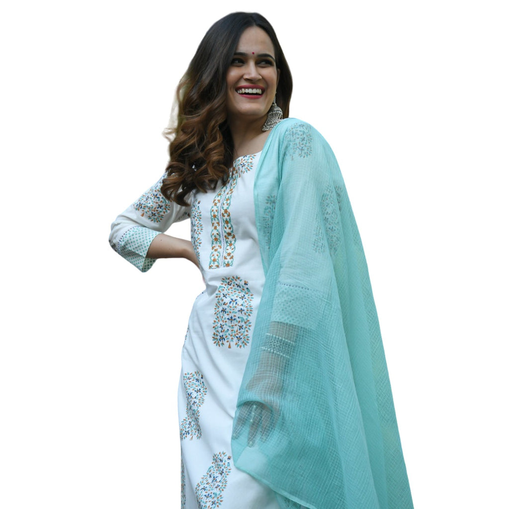 Women's Poly Rayon Printed White & Sea Greenkurta Set/Suit