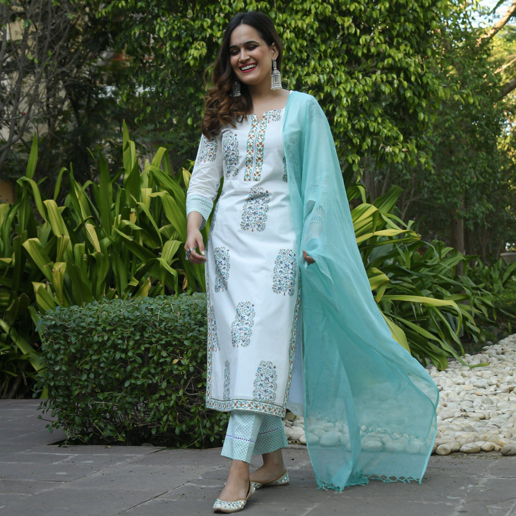 Women's Poly Rayon Printed White & Sea Greenkurta Set/Suit