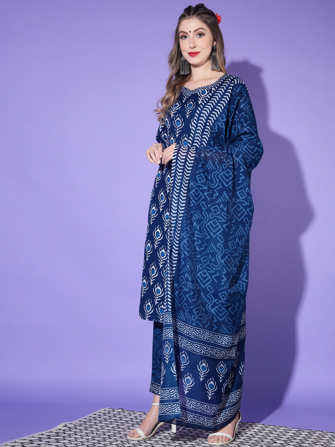 Women's Poly Rayon Printed Royal Blue Kurta Set/Suit - Vamika