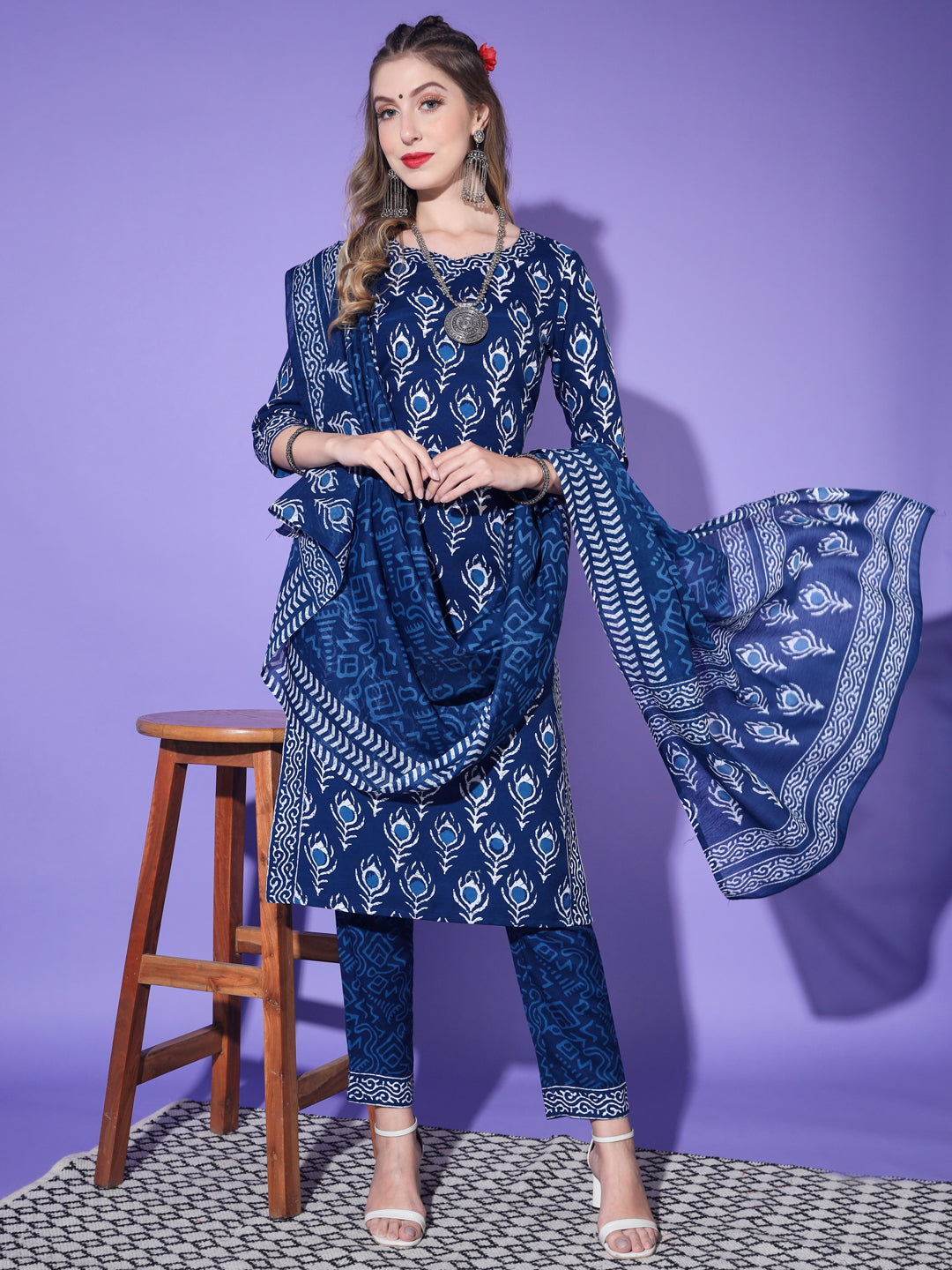 Women's Poly Rayon Printed Royal Blue Kurta Set/Suit - Vamika