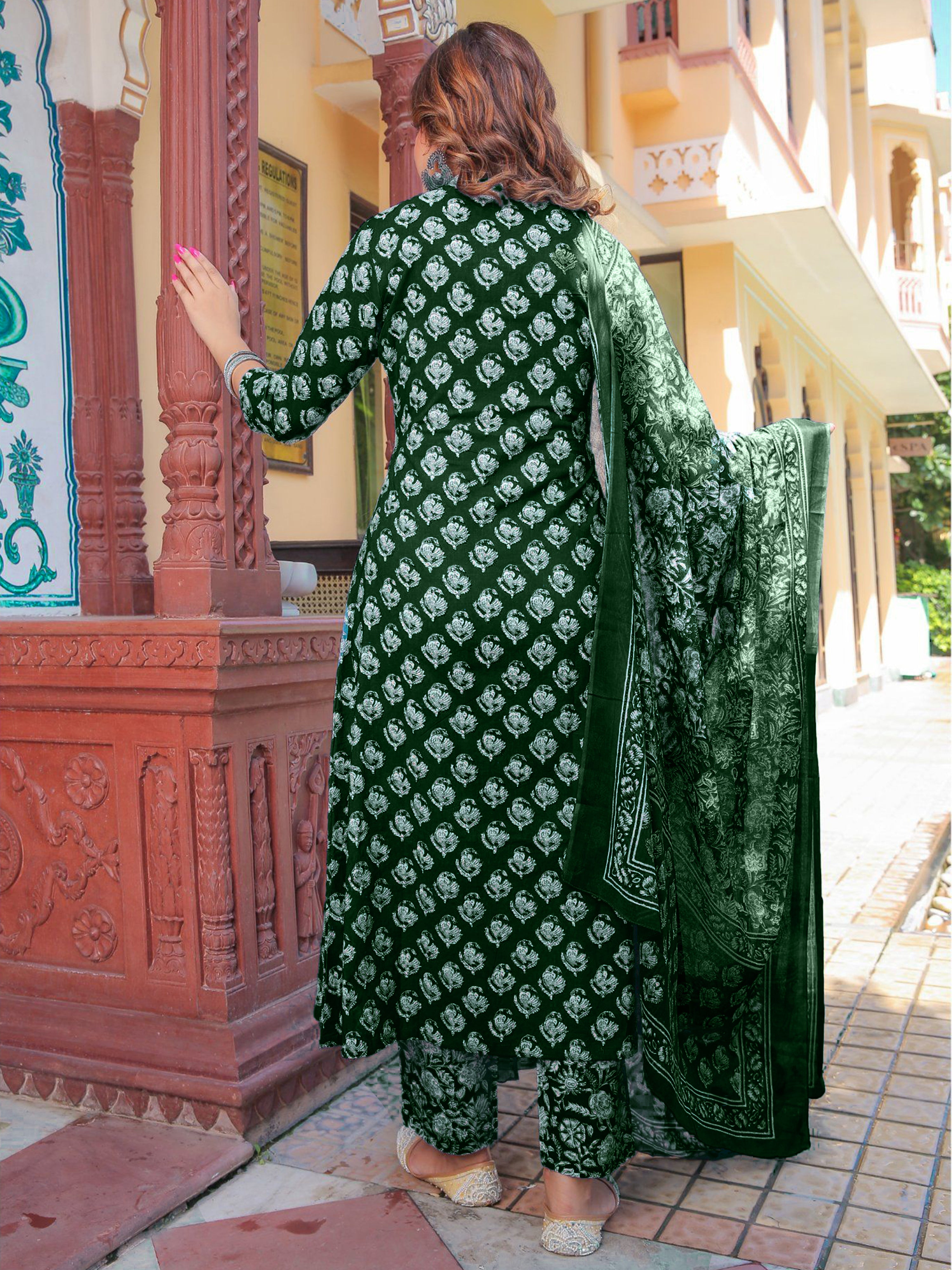 Women's Poly Rayon Printed Bottle Greenkurta Set/Suit - Vamika