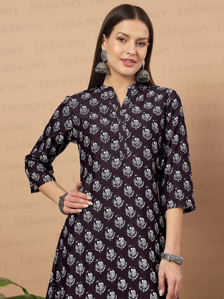 Women's Poly Rayon Printed Wine Redkurta Set/Suit