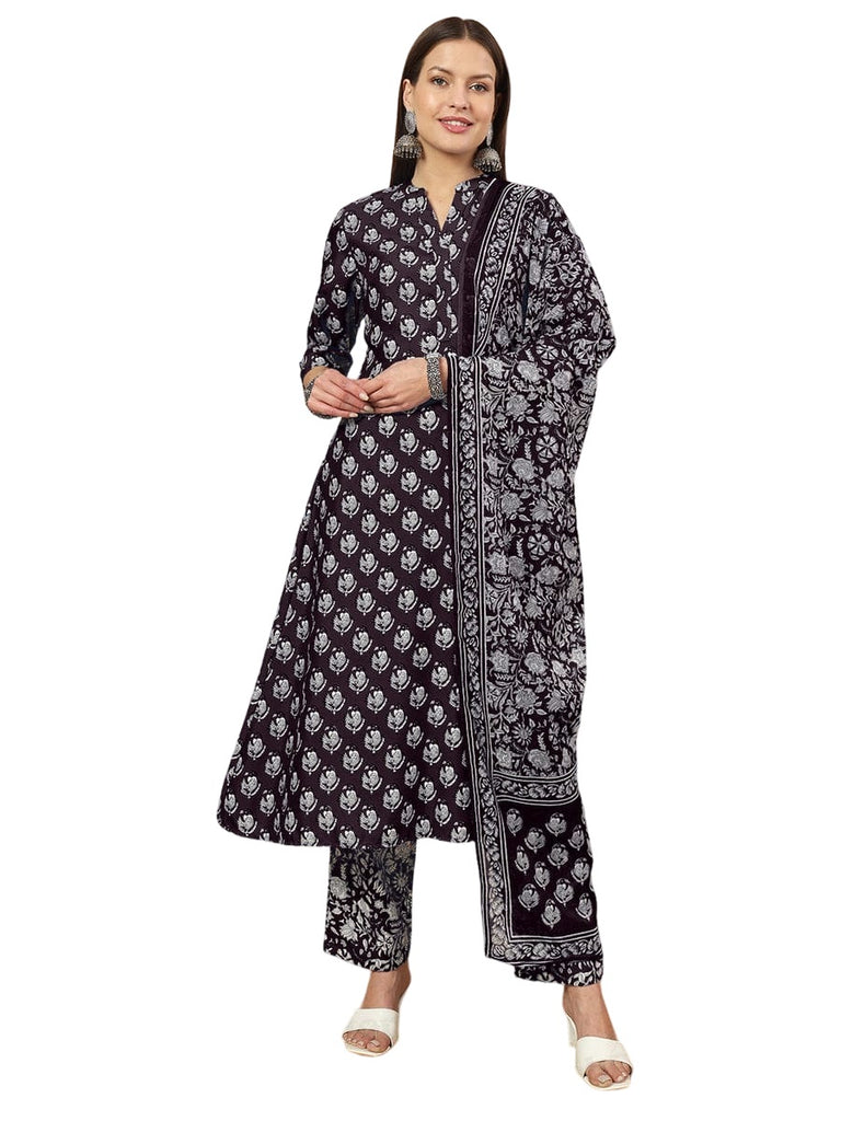 Women's Poly Rayon Printed Wine Redkurta Set/Suit