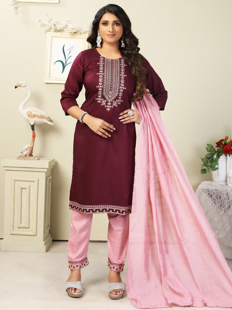 Women's CHINON Embroidery Mahroon Kurta Set/Suit