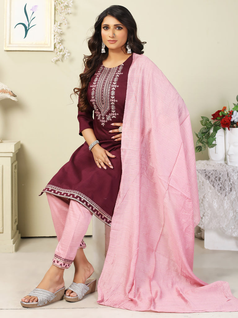 Women's CHINON Embroidery Mahroon Kurta Set/Suit