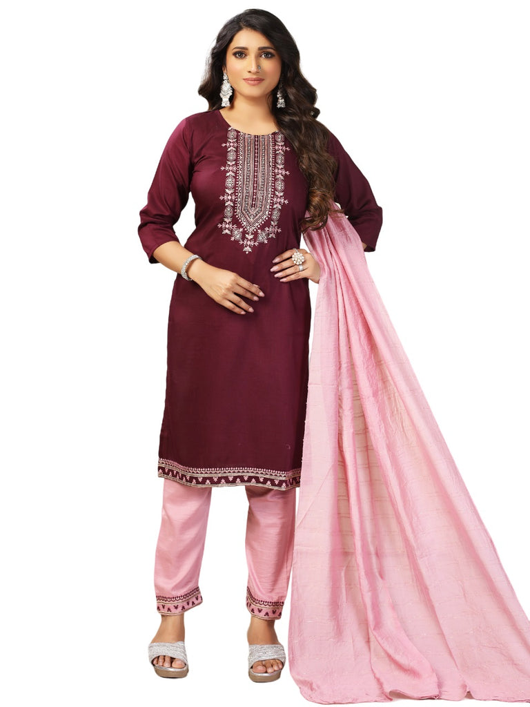 Women's CHINON Embroidery Mahroon Kurta Set/Suit