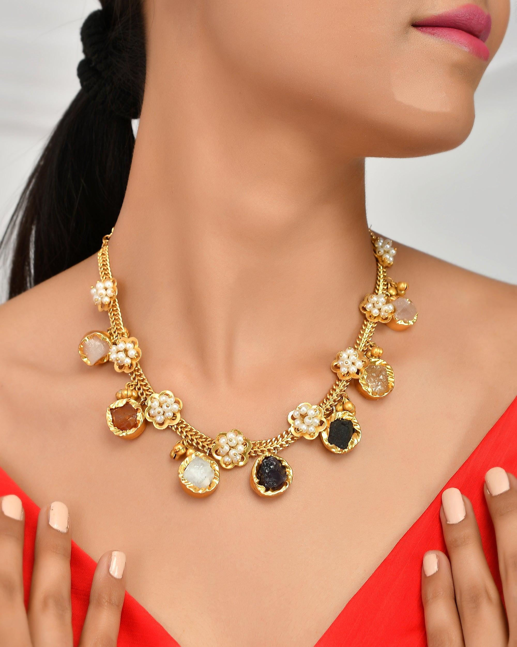 Women's Fancy Rough Stone With Ghungroo Necklace - Zurii Jewels