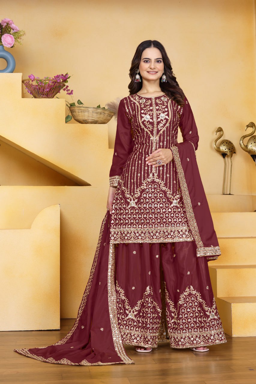 Women's Maroon Crepe Silk Party Wear Embroidery Sharara Set