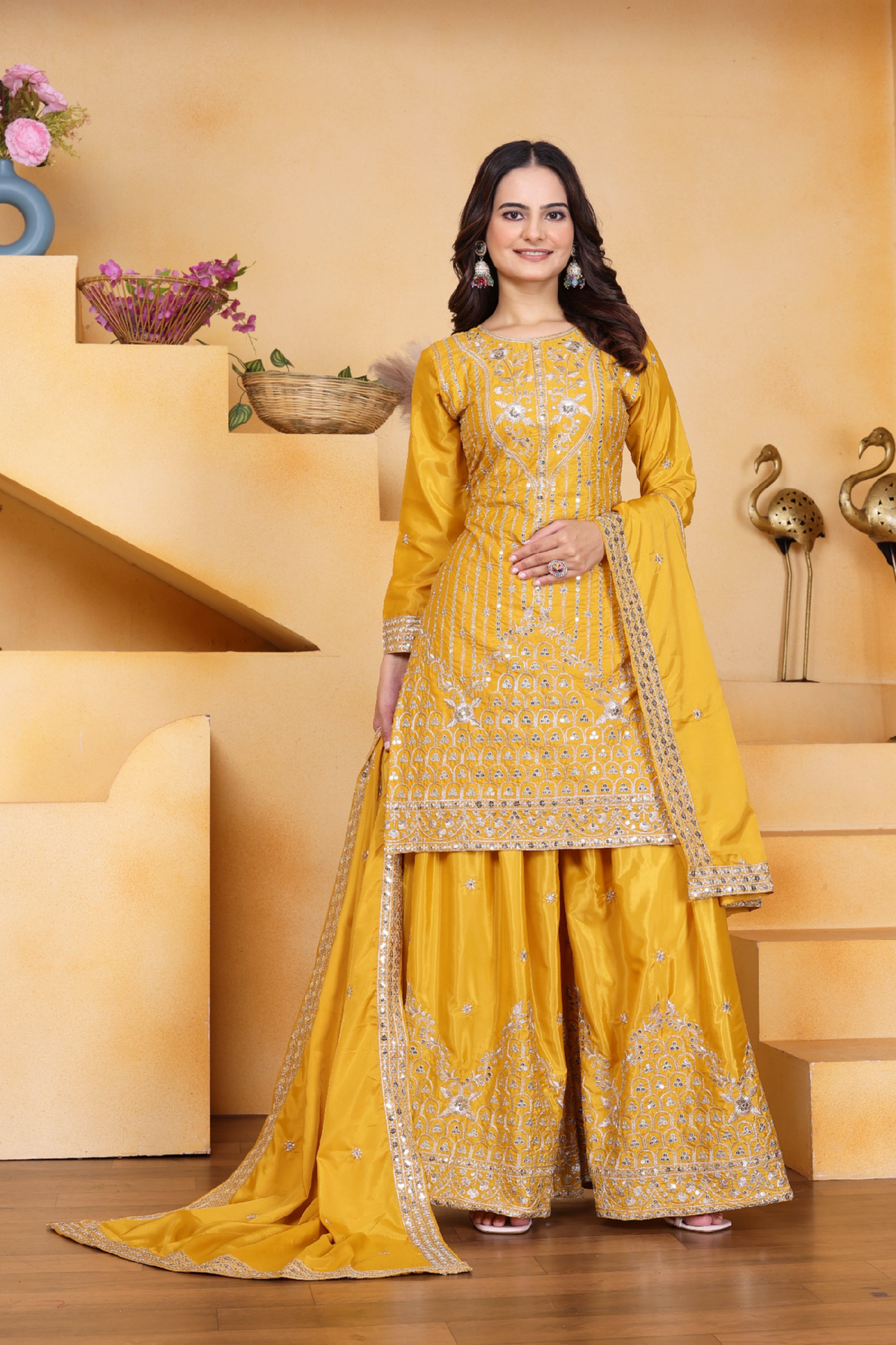 Women's Yellow Natural Crepe  Sequence Embroidery Work Kurta Set