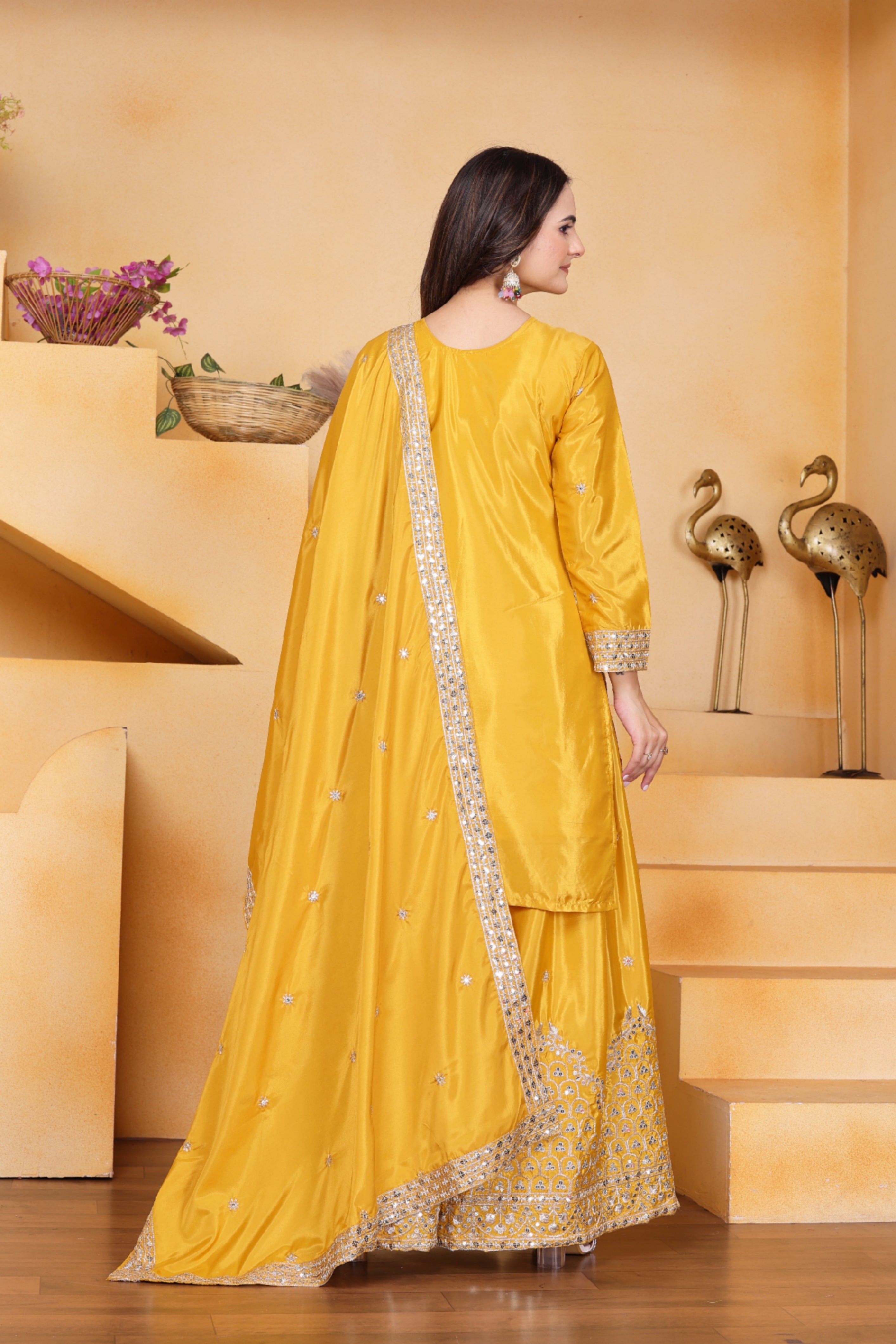 Women's Yellow Natural Crepe  Sequence Embroidery Work Kurta Set